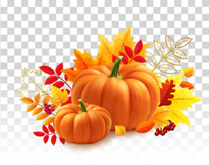 Yellow pumpkins, autumn leaves on transparent background. Autumn festival invitation. Postcard or banner. 3d realistic vector illustration.