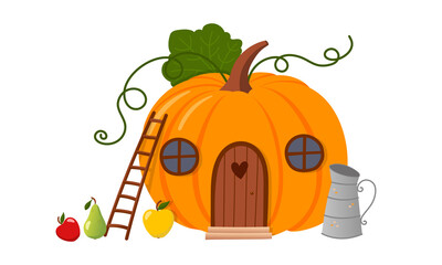 Cute pumpkin house, autumn illustration