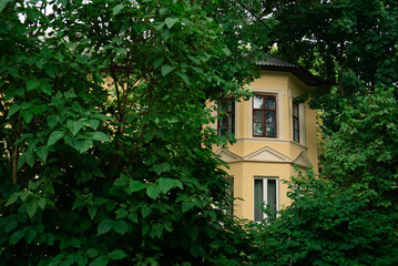 Fototapeta na wymiar Bay window of an old building with a yellow facade in the foliage of trees