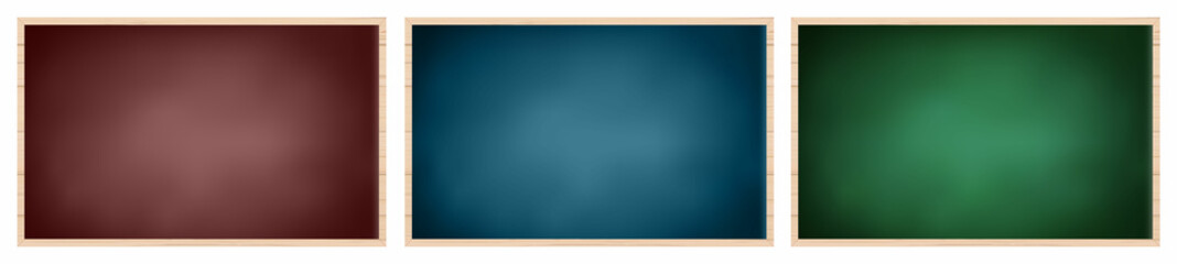 Classroom Chalkboard Realistic Set Isolated on White Background. Brown, Blue and Green Blackboards Templates. School Backdrop Collection. Vector Illustration.