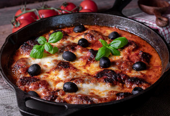 Italian dish with meatballs, mozzarella cheese and tomato sauce