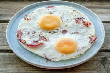 fried eggs with bacon on the table for breakfast
