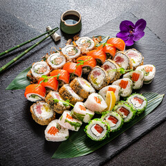gourmet sushi on the black stone