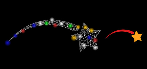 Bright mesh network falling star with colored light dots. Constellation vector mesh created from falling star icon. Sparkle constellation polygonal falling star, on a black backgound.
