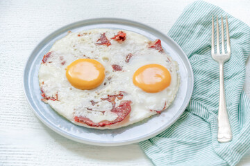 fried eggs with bacon on the table for breakfast