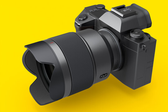 Concept of nonexistent DSLR camera with macro lens isolated on yellow background