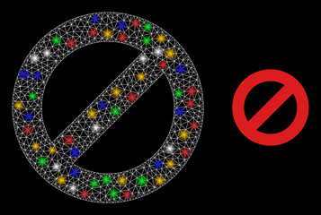 Glowing mesh net deny with colored glowing spots. Constellation vector structure created from deny pictogram. Sparkle constellation mesh deny, on a black backgound.