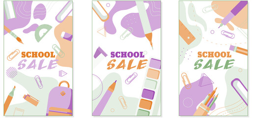 Back to school sale banners concept in pastel flat style, isolated on abstract colourful background. . Vector illustration