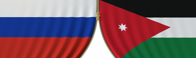 Russia and Jordan political cooperation or conflict, flags and closing or opening zipper, conceptual 3D rendering