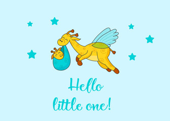 A postcard for a newborn. Funny flying giraffe. Hello Baby. Hello world. Hello little one.