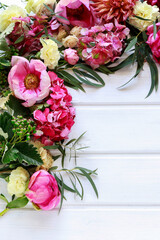 Romantic flower ornament with rose, dahlia, hortensia and carnation flowers