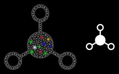 Shiny mesh web links with multicolored light dots. Constellation vector mesh created from links icon. Sparkle constellation polygonal links, on a black backgound.