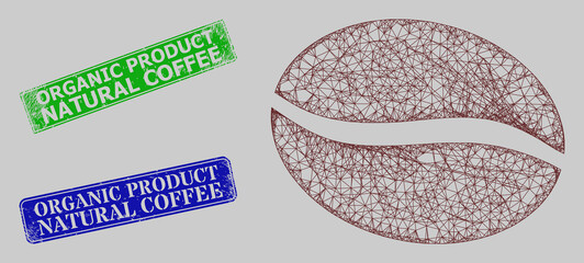 Carcass network coffee bean model, and Organic Product Natural Coffee blue and green rectangle rubber seals. Carcass network symbol is based on coffee bean pictogram.