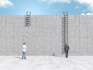 businessmen with stairs of different lengths