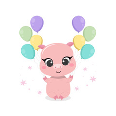Happy birthday greeting card with pig and balloons. Flat vector cartoon design