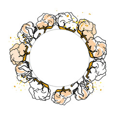 Vector illustration of cotton wreath isolated with blank space. Floral illustration as a template for a designer, logo, icon