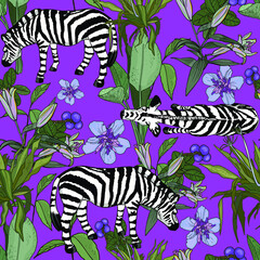 
Vector pattern with zebras and tropical flowers. Seamless illustration of the tropics as a template for the designer, geometric pattern