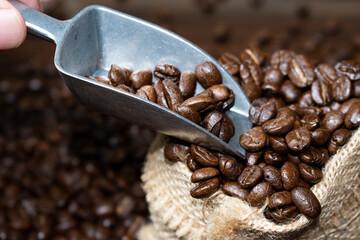 Dark roasted coffee beans with scoop on wooden background