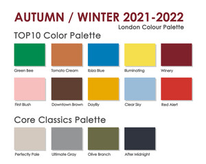 Autumn | Winter 2021 2022 trendy color palette. Fashion color trend. Palette guide with named color swatches. Saturated and core classic color samples set. Vector Illustration