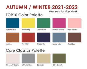 Autumn | Winter 2021 2022 trendy color palette. Fashion color trend. Palette guide with named color swatches. Saturated and core classic color samples set. Vector Illustration