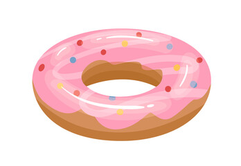 Donut-shaped inflatable rubber ring for fun and swimming in water. Glazed doughnut toy for pool and sea. Flat vector illustration of childish funny item isolated on white background