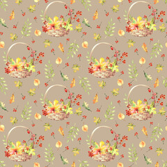 Autumn Seamless Pattern with Leaves and Berries on Brown Background. Watercolor Fall Illustration for Kitchen, Textile, Wallpaper.