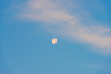 Sunlit bright moon in a blue sky in sunlight at sunrise in summer, Almere, Flevoland, The Netherlands, August 25, 2021