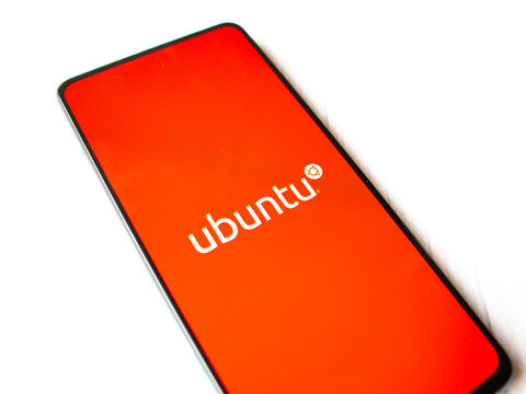 Assam, india - January 15, 2020 : Ubuntu logo on phone screen stock image.