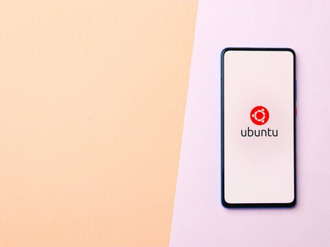 Assam, india - January 15, 2020 : Ubuntu logo on phone screen stock image.