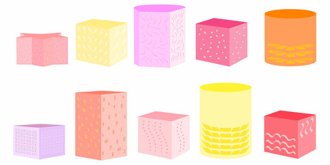 A set (collection) of ottomans in the form of three-dimensional geometric figures. Isometric flat style. Isolated vector illustration. Fashion illustration. Contemporary home decor. Living room 