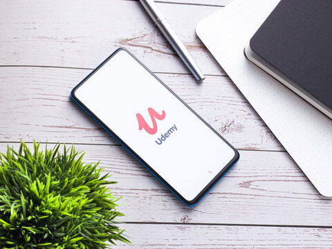 Assam, india - April 19, 2021 : Udemy logo on phone screen stock image.