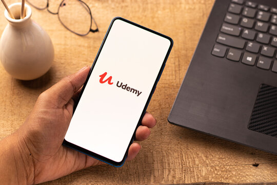 Assam, india - April 19, 2021 : Udemy logo on phone screen stock image.