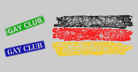 Carcass net mesh Germany flag model, and Gay Club blue and green rectangular rubber seal prints. Carcass net symbol is created from Germany flag pictogram.