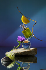 Mock up in blue concept background with glass perfume bottle. Stone, wood shape with lemon yellow ingredients shades over concept background. direct angle . Can use as perfume and cosmetics mock up

 - obrazy, fototapety, plakaty