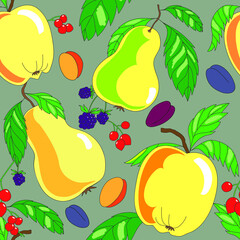 Seamless autumn pattern with hand drawn fruit and berries. Harvest, apple, pear, plum, hawthorn, blackberry, apricot. Cartoon style.  Vector illustration