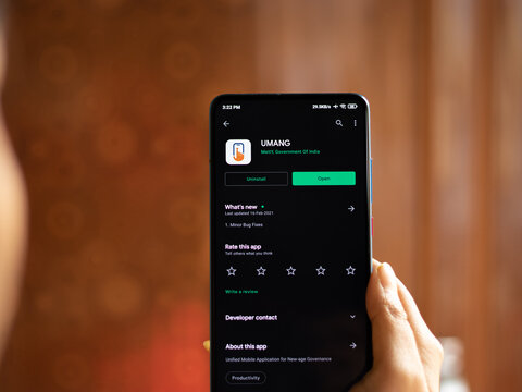 Assam, india - March 10, 2021 : UMANG app logo on phone screen stock image.