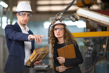 Two Caucasian engineers are inspecting the welding robot machine arm inside mechanic factory