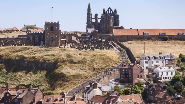 Timelapse of Whitby's 199 Steps showing St Mary's church and graveyard in front of Whitby Abbey