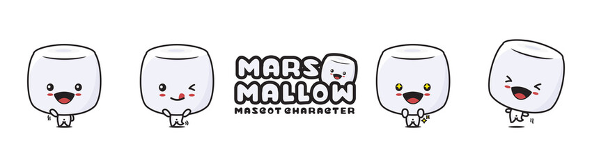 cute marshmallow mascot, with different facial expressions and poses - obrazy, fototapety, plakaty