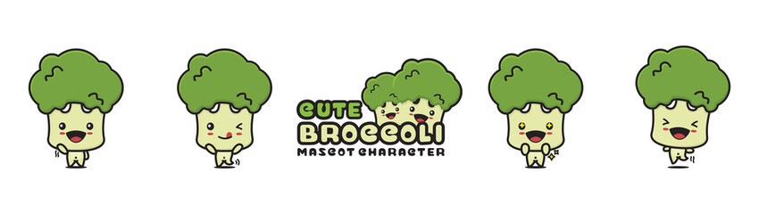 cute broccoli mascot, with different facial expressions and poses