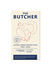 Vector design template label for packaging with illustration silhouette - farm turkey. Abstract symbol for meat products.
