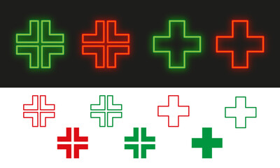 Cross neon sign isolated medical pharmacy red and green icons