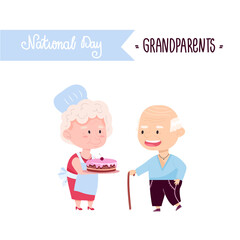 National Grandparents Day. Lovely grandfather with grandmother and pie. Vector illustration of elderly people for banner or postcard design