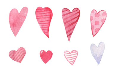 Romantic watercolor collection with pink hearts a white background.Watercolor illustration for Valentine's day. High quality illustration