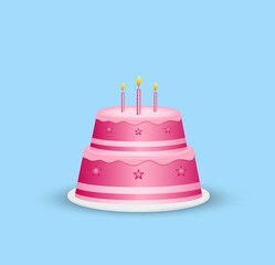 Pink cartoon birthday cake, vector illustration
