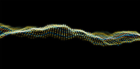 Wave of blue and yellow particles. Abstract technology flow background. Sound mesh pattern or grid landscape. Digital data structure consist dot elements. Future vector illustration.