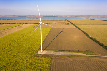 Wind mills on the agriculture fields at sunny autumn day. Drone photo