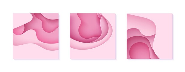 Set of paper cut flyers with waves and hole. Collection of pink 3d abstract banners with smooth wavy layers. Women's Breast Cancer Concept poster template in rose color. Female vector illustration - obrazy, fototapety, plakaty