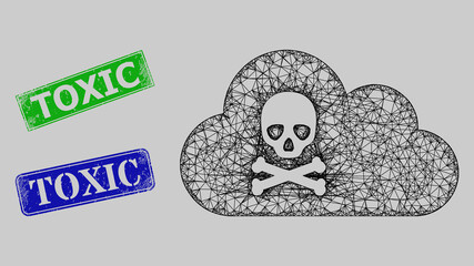 Wireframe net mesh toxic gas model, and Toxic blue and green rectangle corroded stamps. Frame net mesh symbol is created from toxic gas icon. Stamp seals have Toxic caption inside rectangle frame.