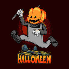 Halloween pumpkin head zombie running over the grave with a kitchen knife